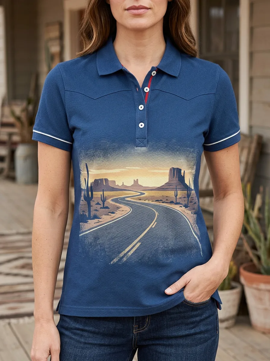 Women's Western Desert Road Cactus Printed Polo Shirt