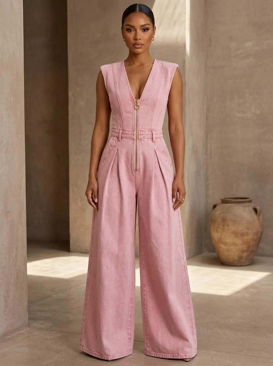 Pink V-Neck Zip-Front Denim Jumpsuit