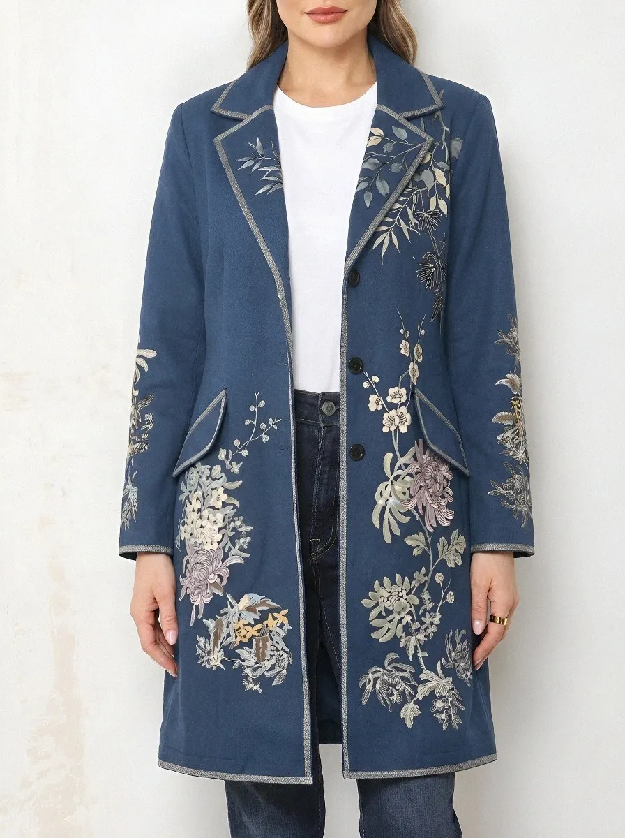 Women's Contrast Piping Floral Botanical Art Long Blazer Jacket