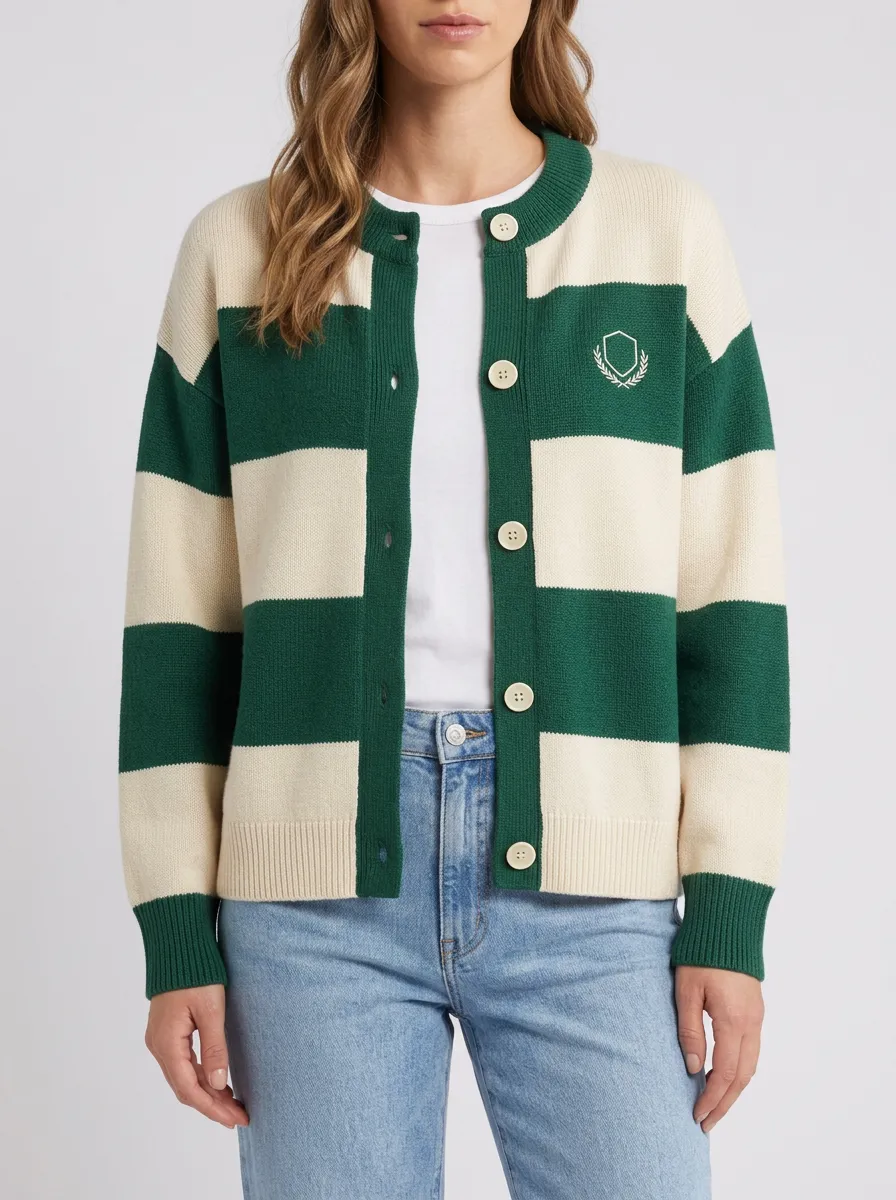 Embroidered Rugby Striped Shield Embroidered Cardigan