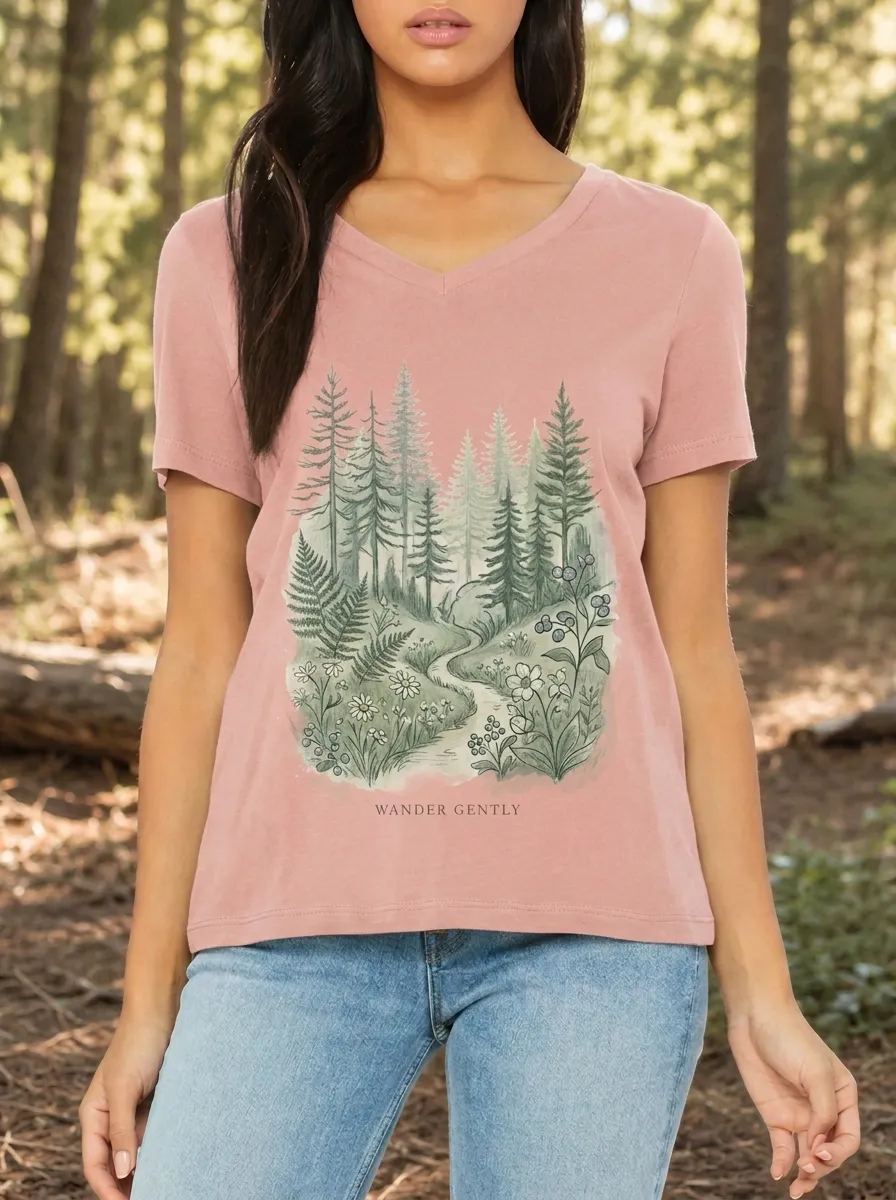 Women's Nature Lover Forest Path Floral Printed V-neck T-shirt