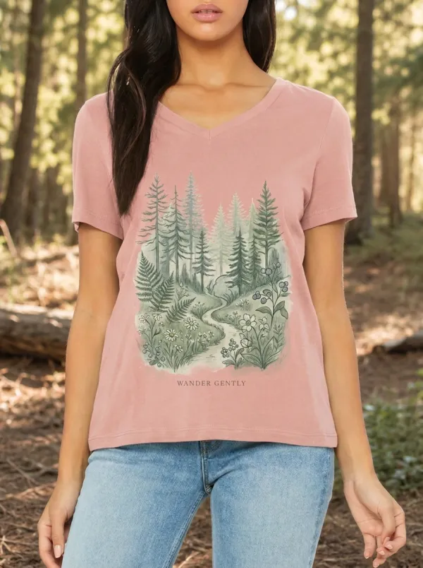 Women's Nature Lover Forest Path Floral Printed V-neck T-shirt