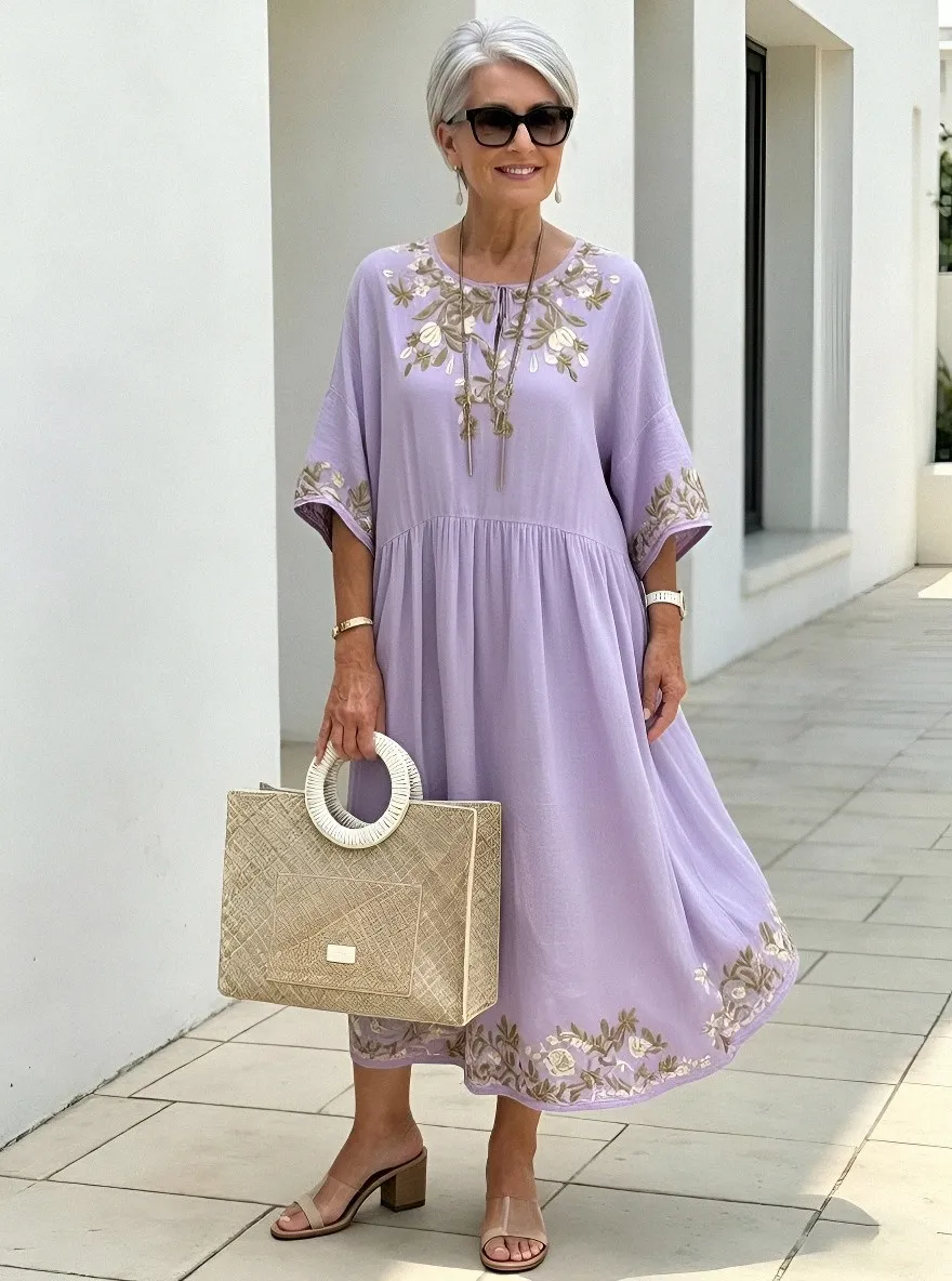 Women's Summer Vacation Floral Embroidered Linen Printed Dress