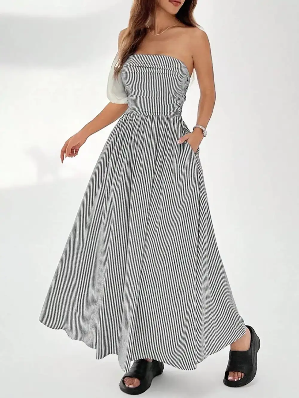 Striped Strapless Casual Maxi Dress