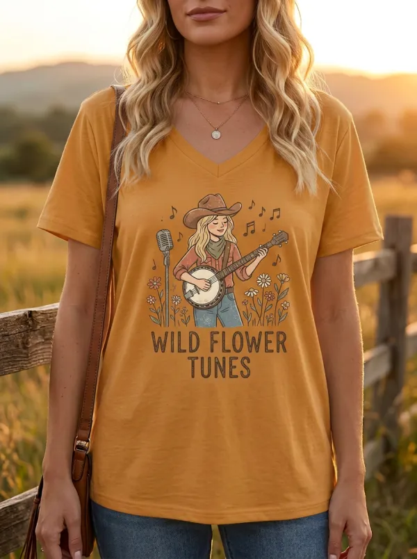 Acoustic-Inspired Banjo Wildflower Custom Country Music V-Neck T-Shirt