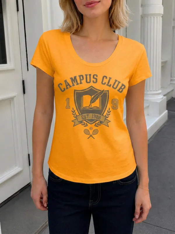 Women's Campus Club Tennis Book Shield Printed T-shirt