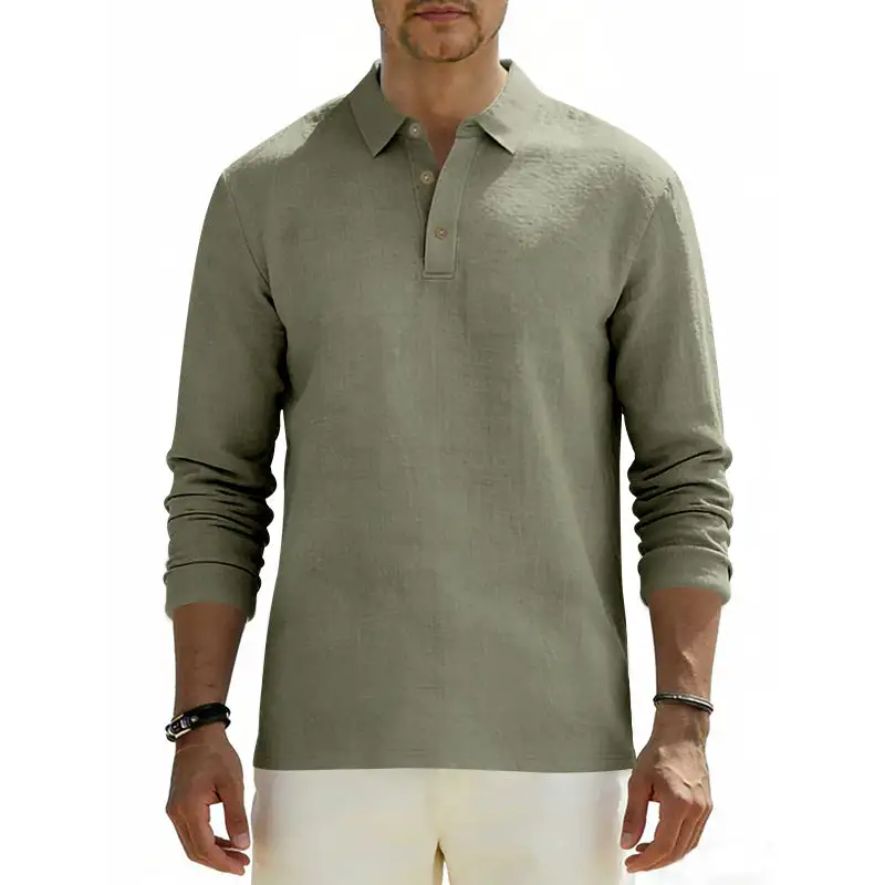 Men's Long-Sleeve Polo Shirt Cotton Gauze With A Shirt Collar Three-button Placket And Relaxed Fit