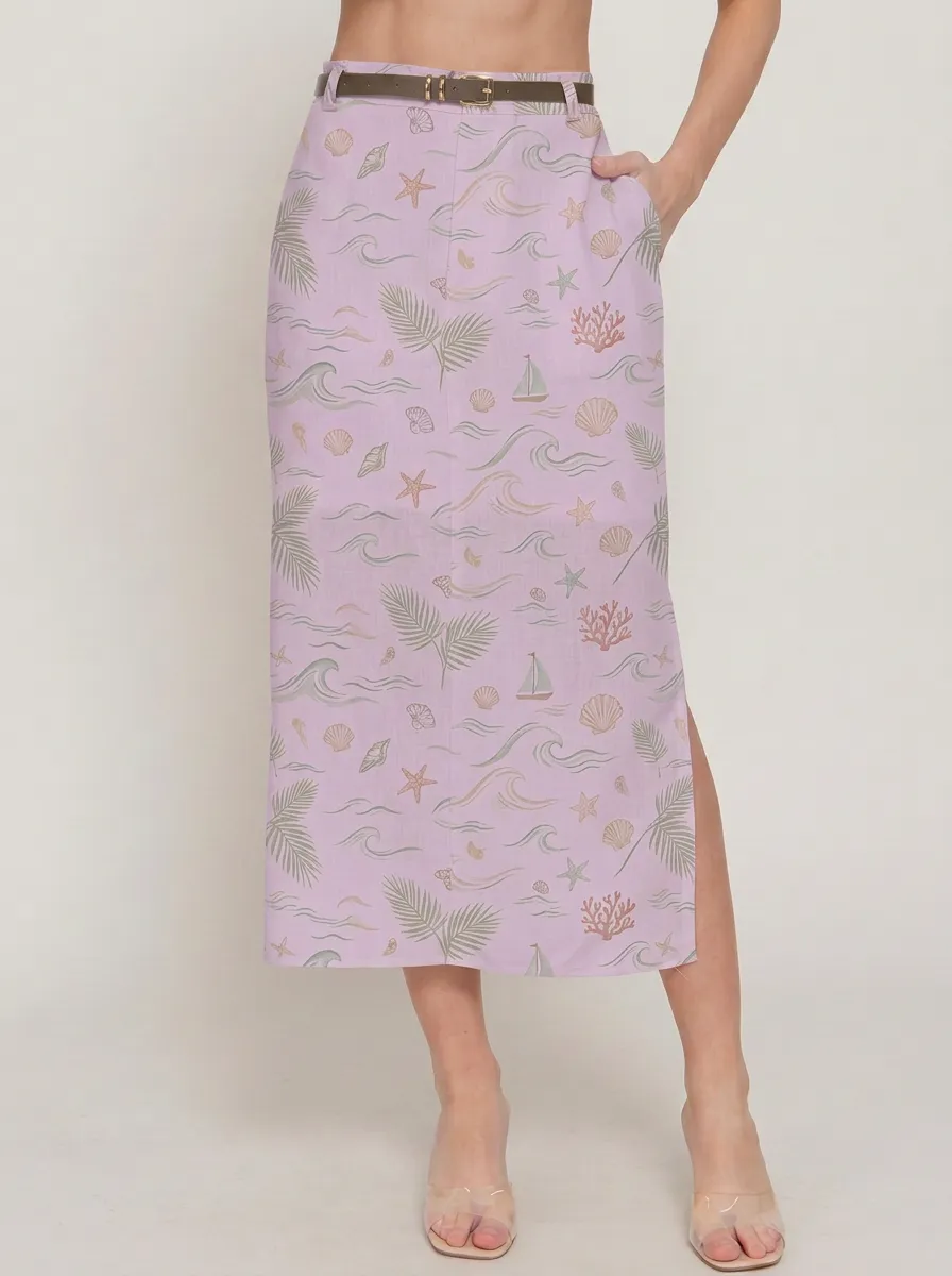 Women's Beach Lover Ocean Shell Palm Printed Midi Skirt