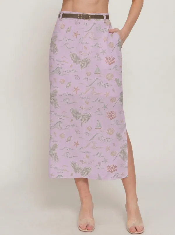 Women's Beach Lover Ocean Shell Palm Printed Midi Skirt