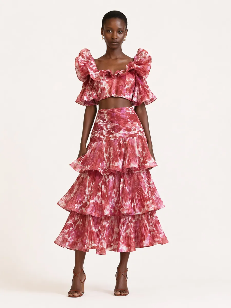 Willow Tiered Short-Sleeve Top & Long Skirt Two-Piece Set