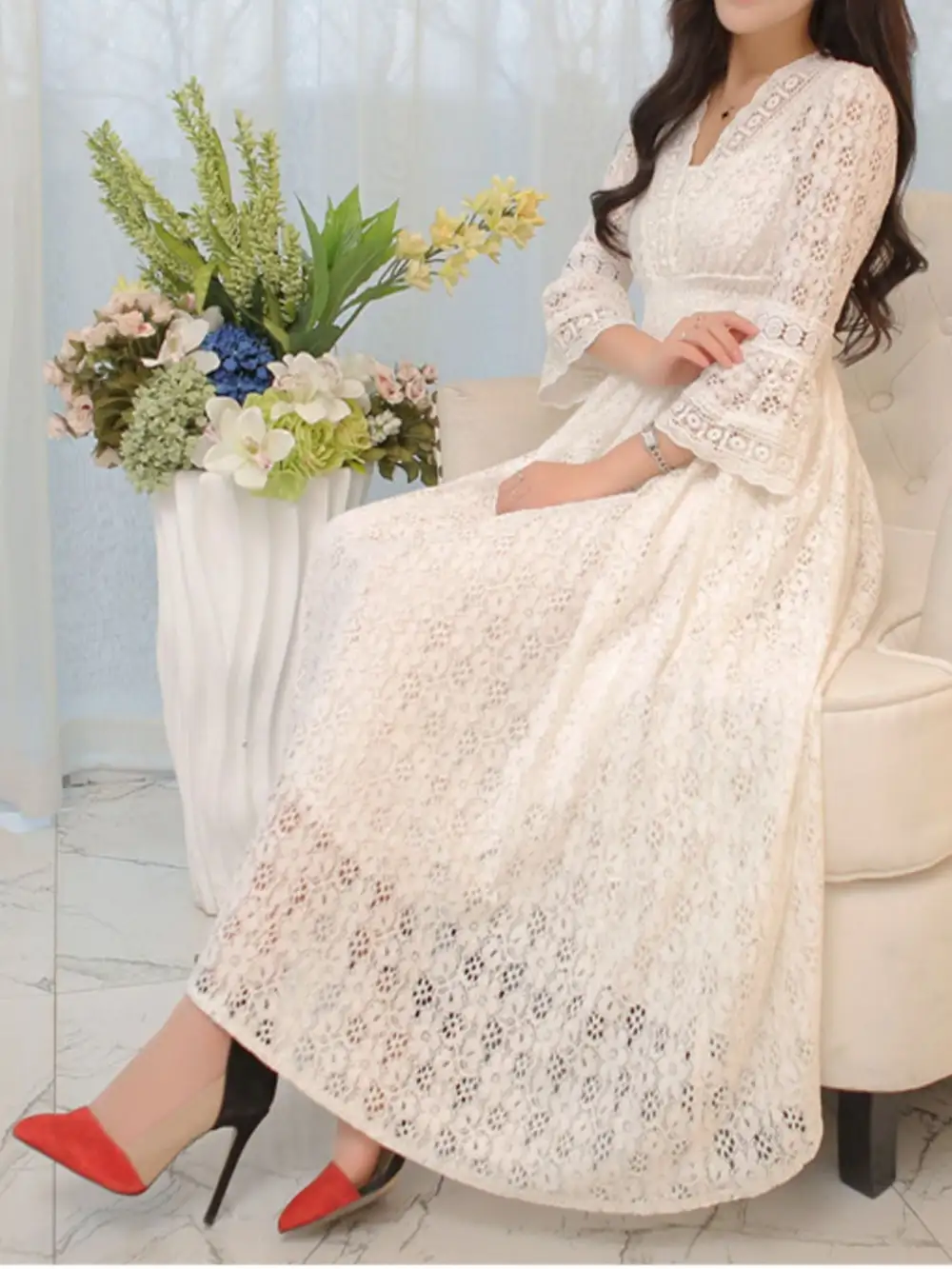 Lace Three Quarter Sleeve Midi Dress