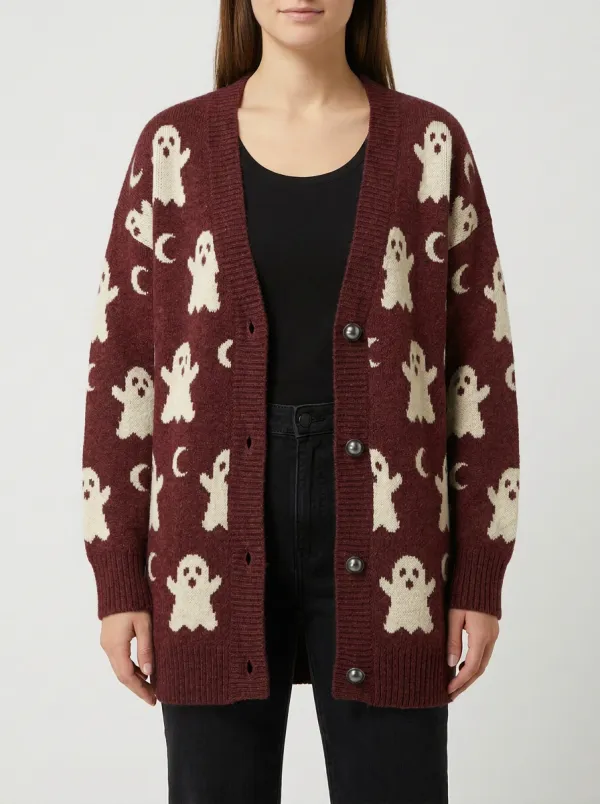 Women's Halloween Ghost Moon Pattern Knitted Cardigan