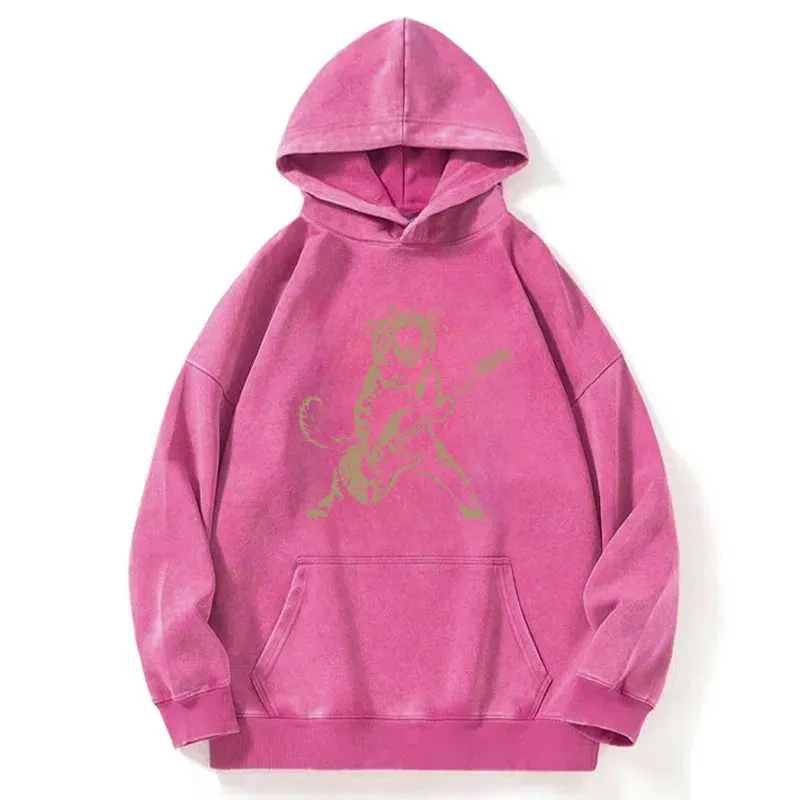 Rock Cat Playing Guitar Washed Hoodie