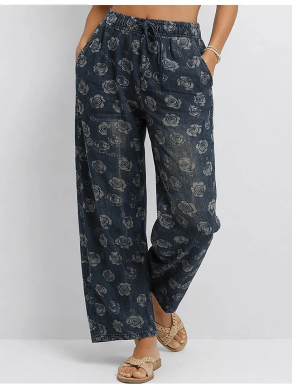 Elastic Waist Barrel Leg Denim Pants