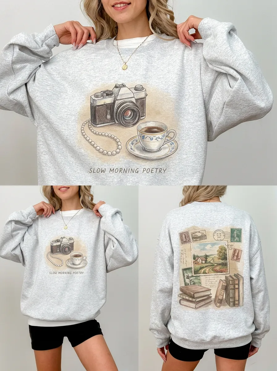 Women's Vintage Camera Coffee Books Printed Sweatshirt