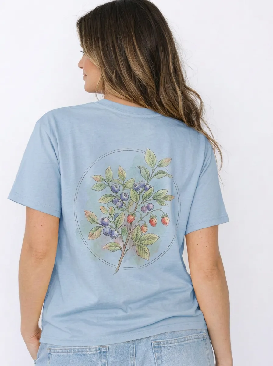 Women's Nature Lover Blueberry Strawberry Botanical Printed T-shirt