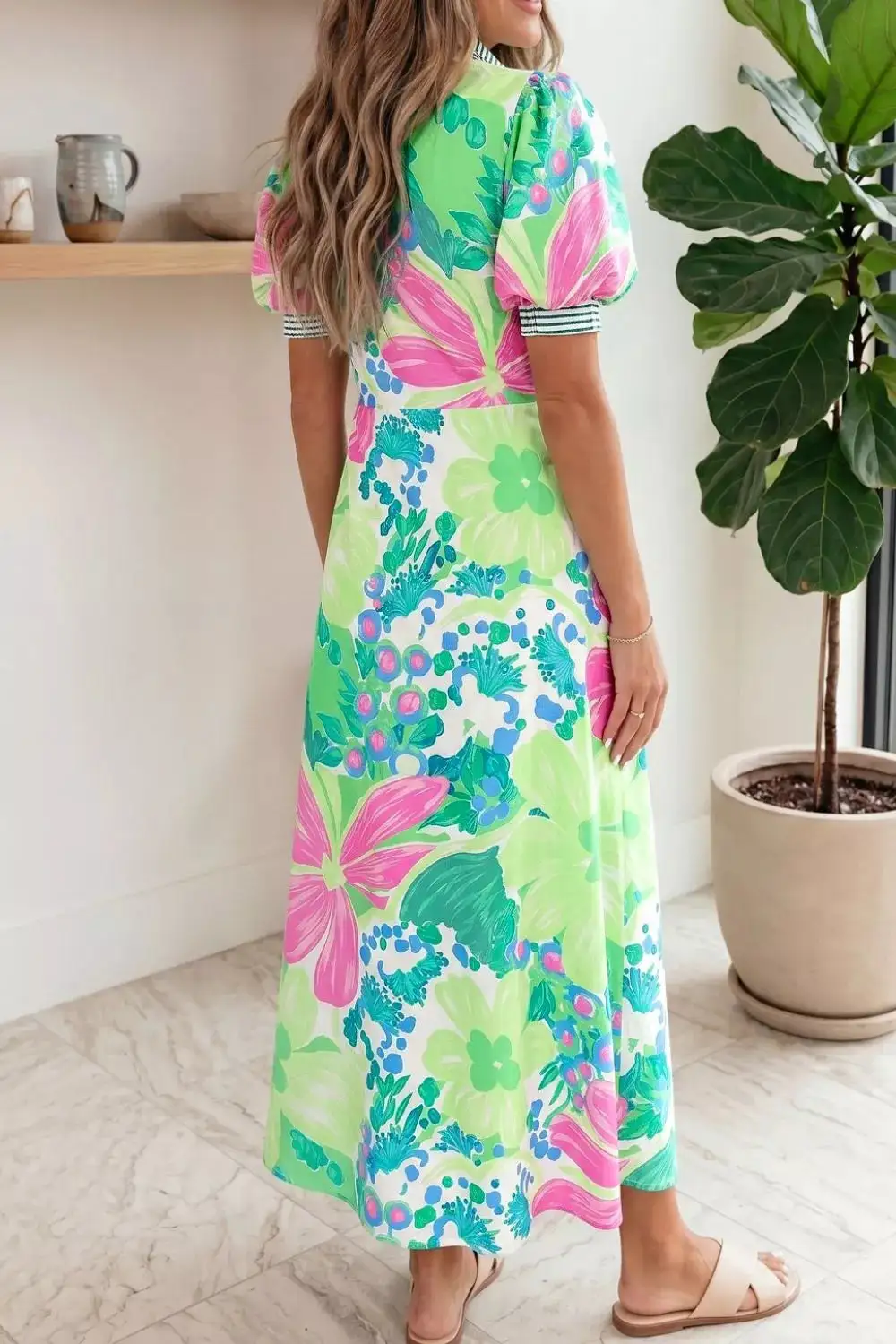 Button-Up Midi Dress with Puff Sleeves