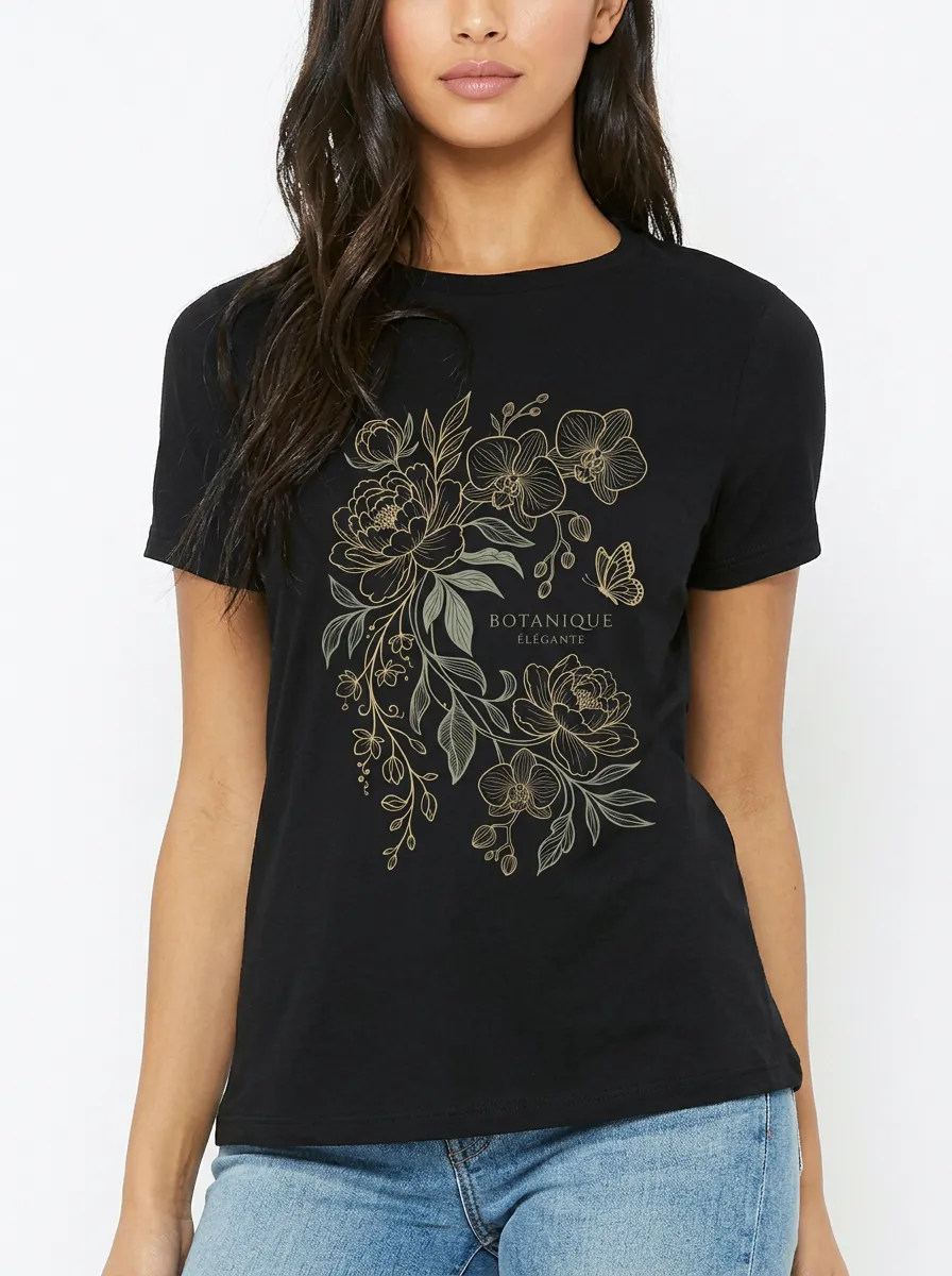 Women's Botanical Floral Butterfly Gold Line Art Printed T-shirt