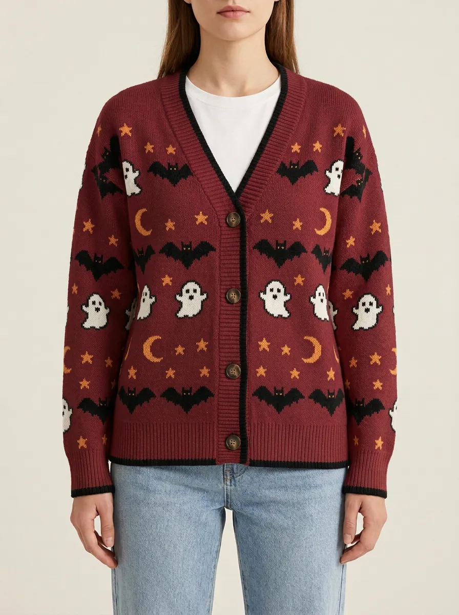 Women's Halloween Ghost Bat Moon Star Patterned Knit Cardigan