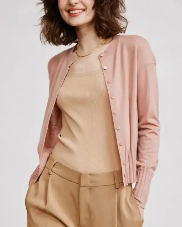 Polyester-Blend Button-Front Round-Neck Cropped Cardigan