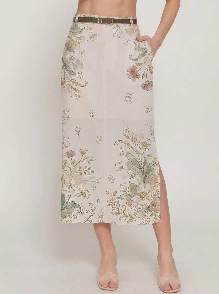 Women's Vintage Botanical Floral Printed Midi Skirt