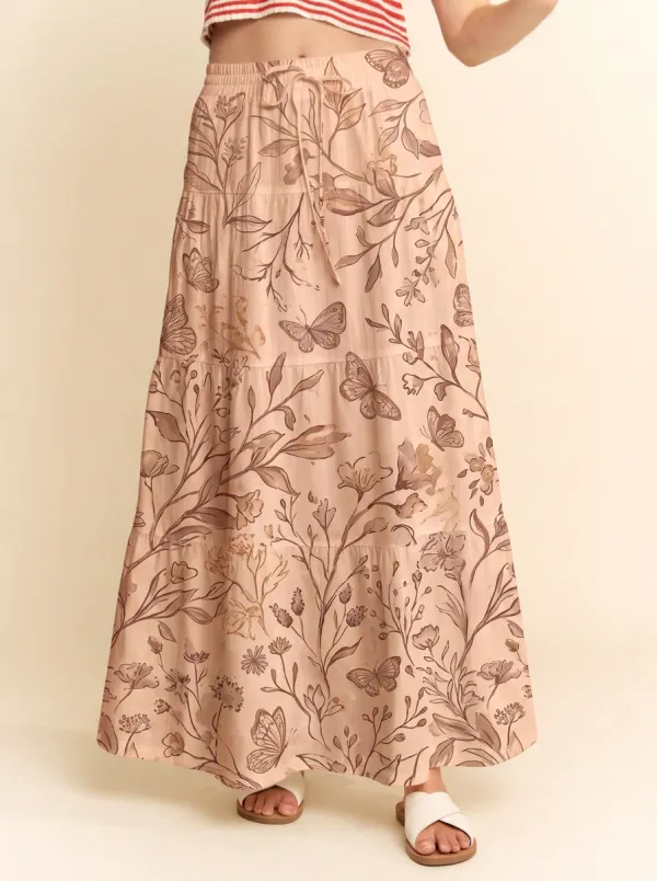 Women's Tiered Botanical Butterfly Floral Printed Maxi Skirt