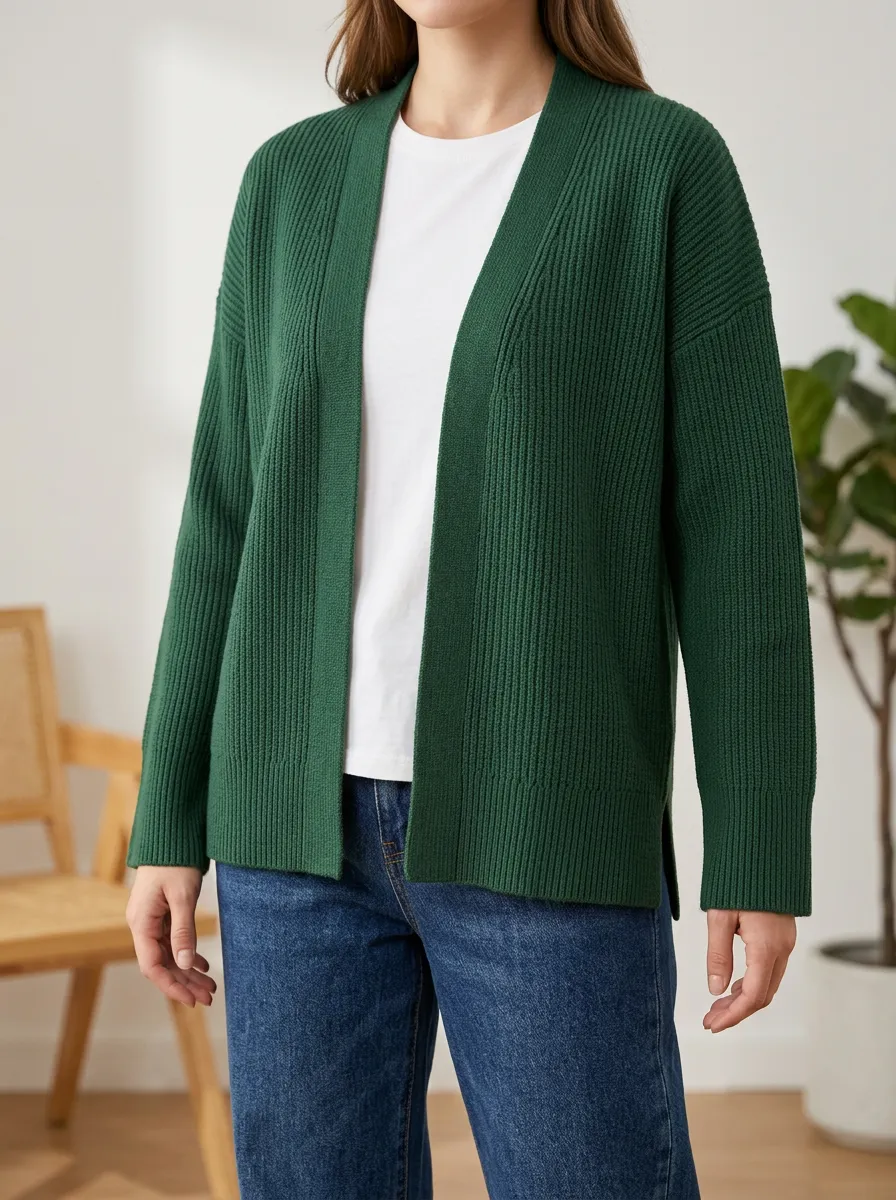 Women's Ribbed Knit Open Front Dropped Shoulder Everyday Cardigan