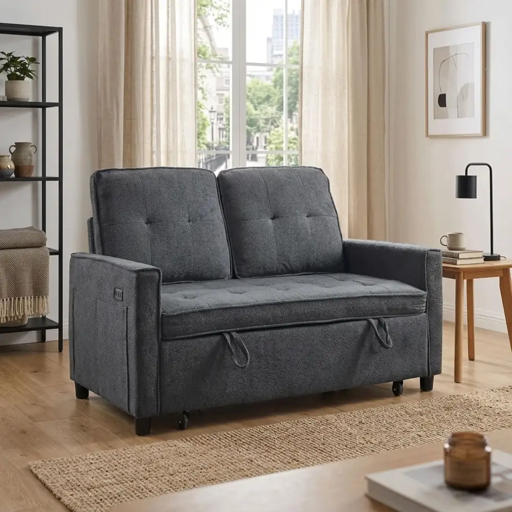 Practical Pull Out Boucle USB Charging Sofa Bed