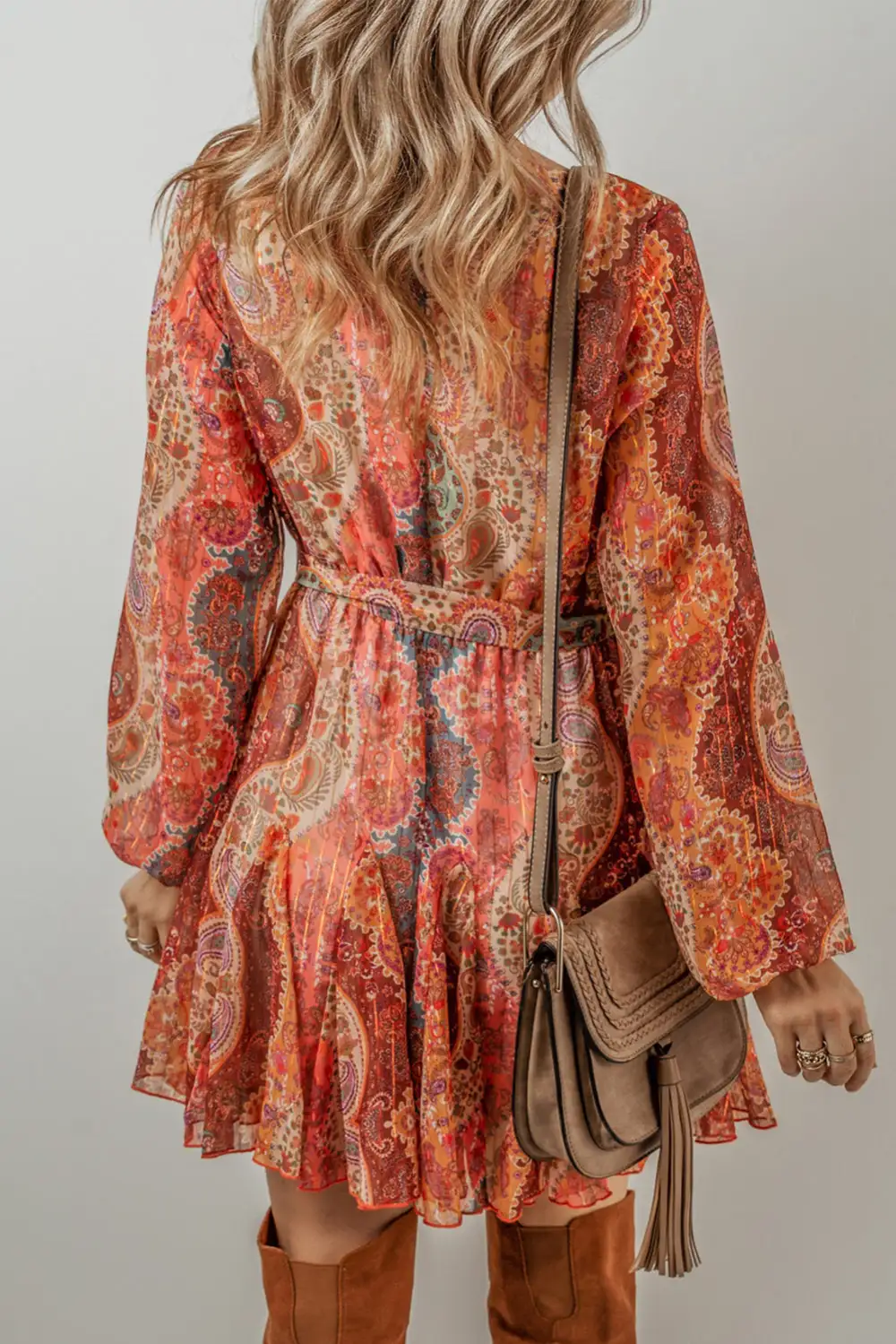 Paisley Pleated Belted Mini Dress