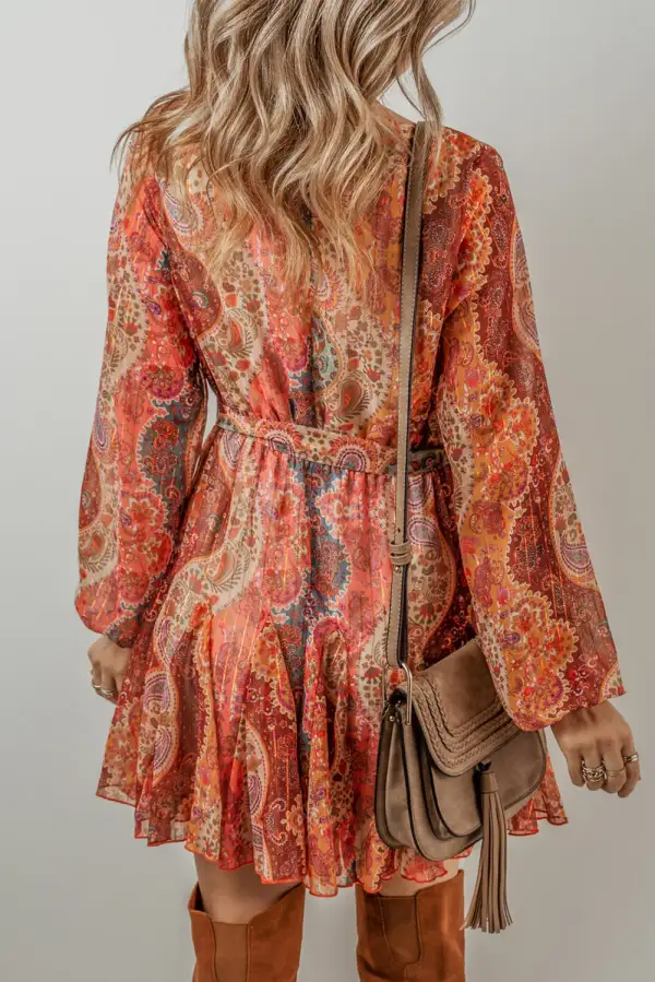 Paisley Pleated Belted Mini Dress