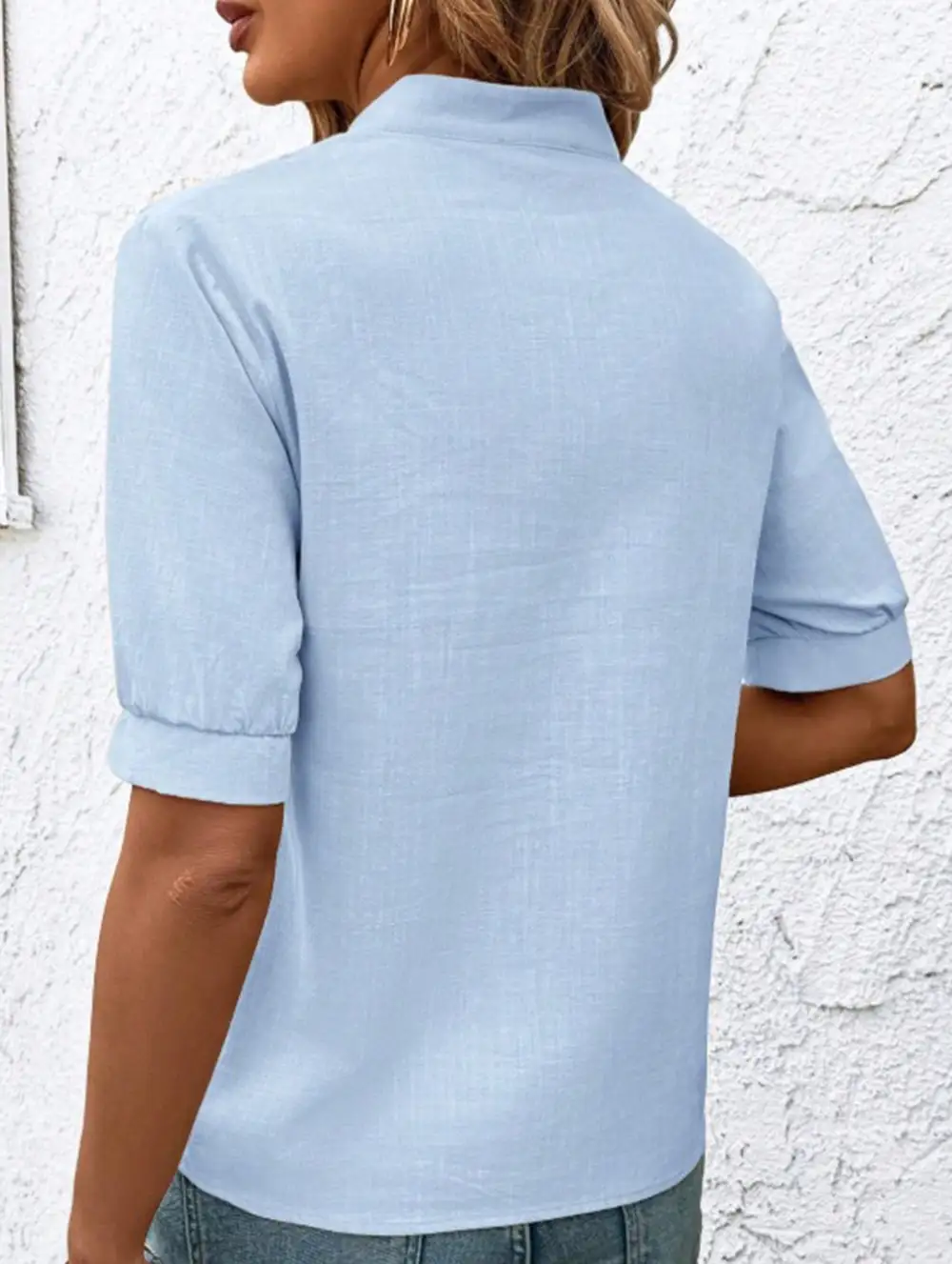 V Neck Embroidered Cotton Short Sleeve Blouse