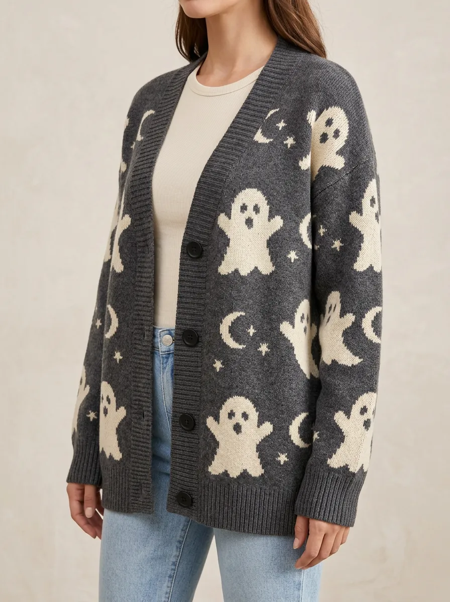 Women's Halloween Ghost Moon Star Pattern Knitted Cardigan