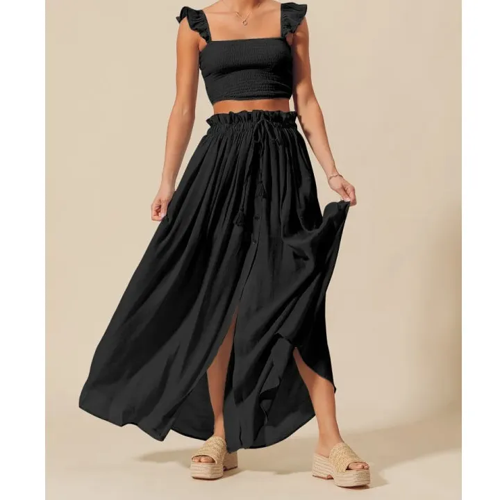Airy Smocked Top And Flowy Maxi Skirt Set