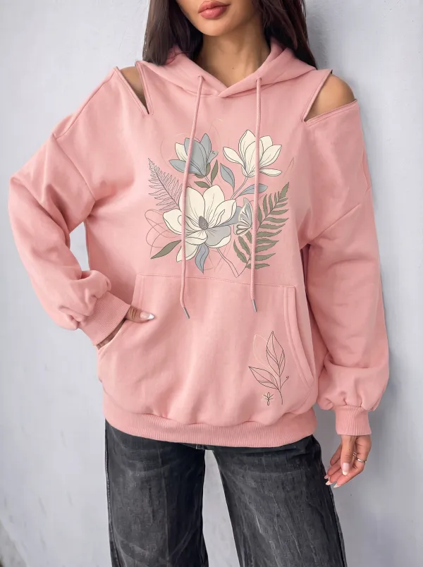 Women's Floral Botanical Art Printed Cold Shoulder Hoodie