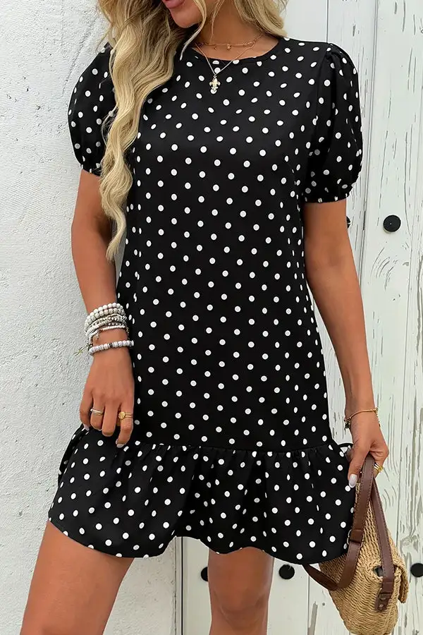Dots Print Ruffle Hem Mini Dress