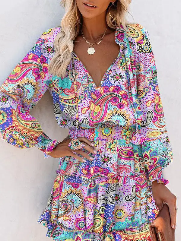 A Line Long Sleeve Contrast Color Flower Print Pleated Split Joint