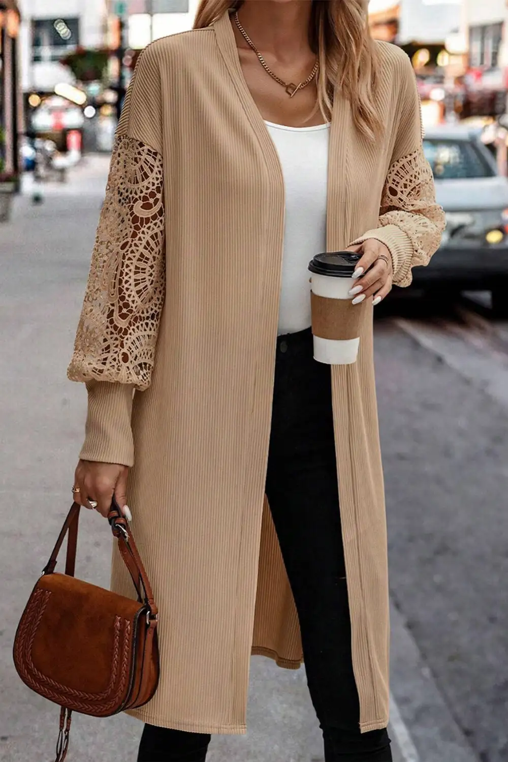 Lace Trim Ribbed Open Front Cardigan