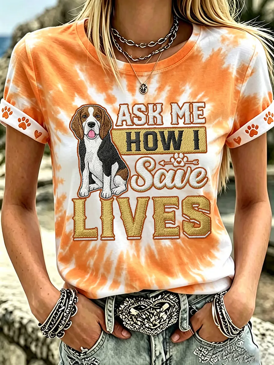 Women's Ask Me How to Save Lives Dog Rescue Print Comfortable Patchwork Short-Sleeve T-Shirt