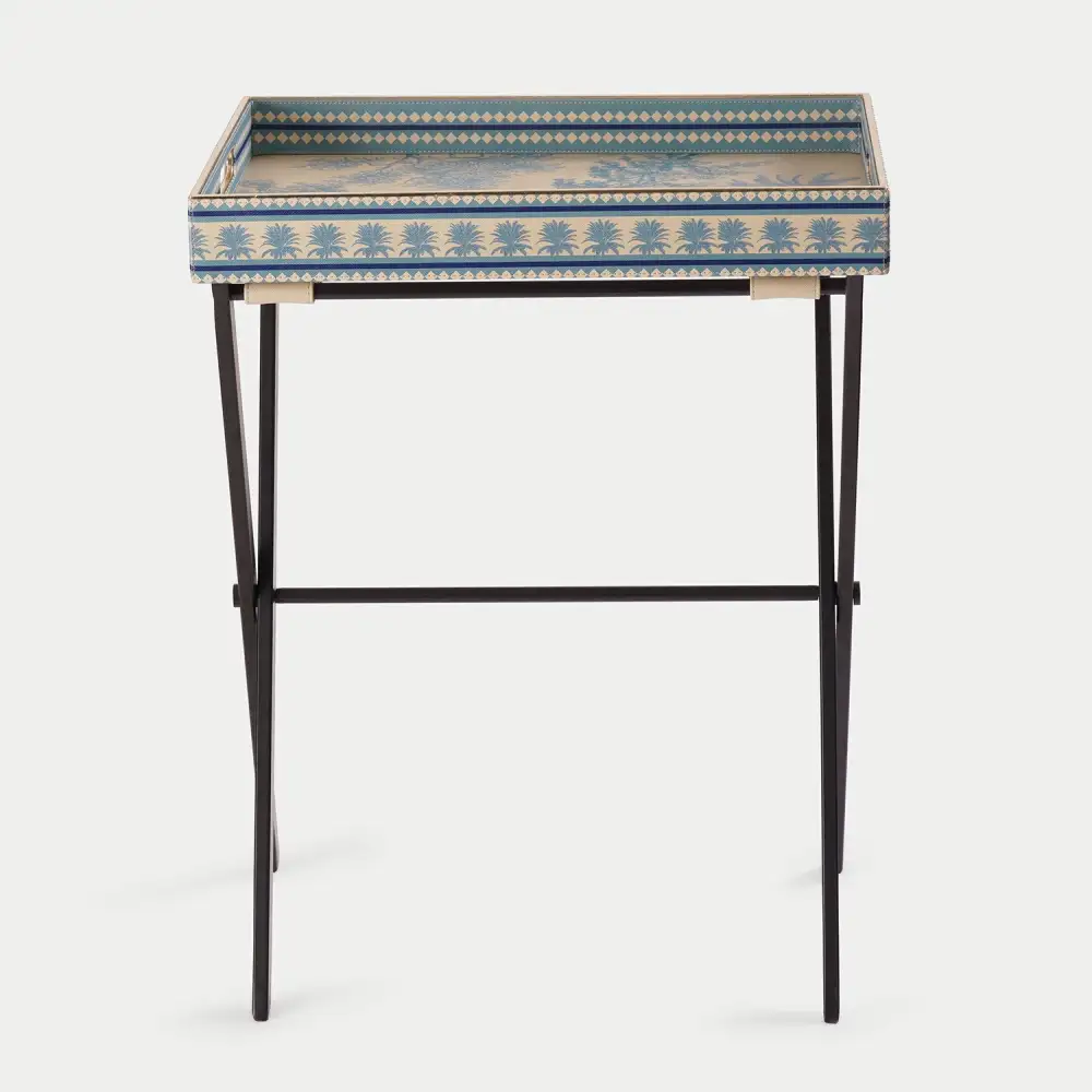 Blue Handled Faux Leather Serving Tray