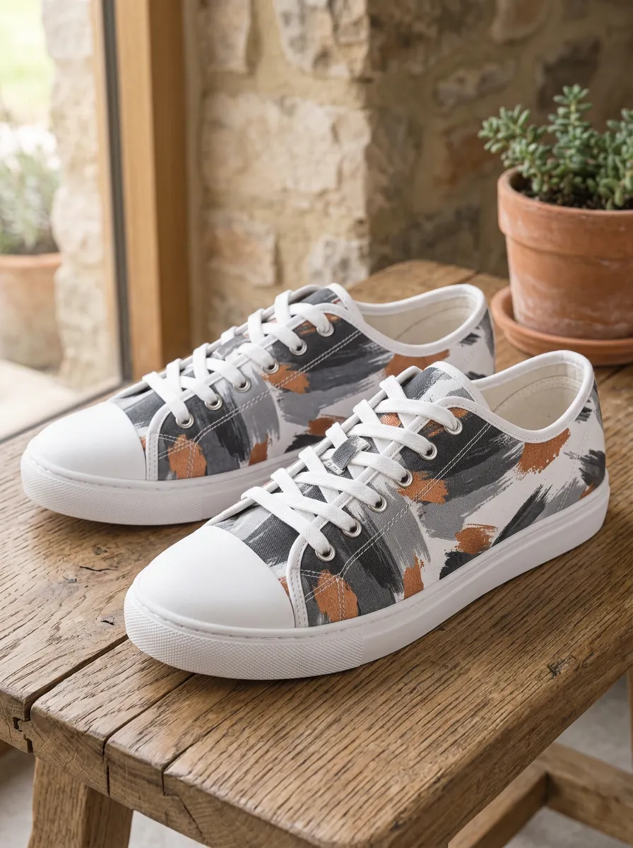 Men's Abstract Brushstroke Grey Orange Printed Canvas Shoes