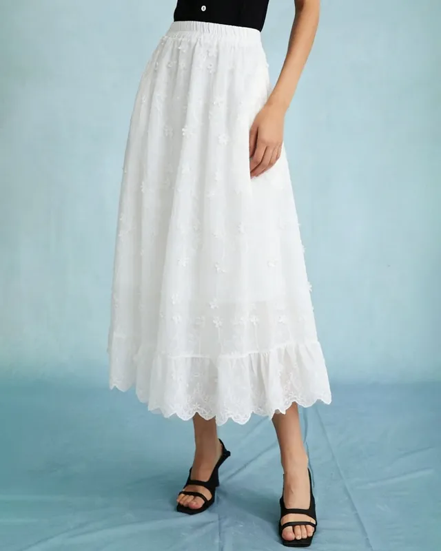 White Floral Elastic Waist Midi Skirt