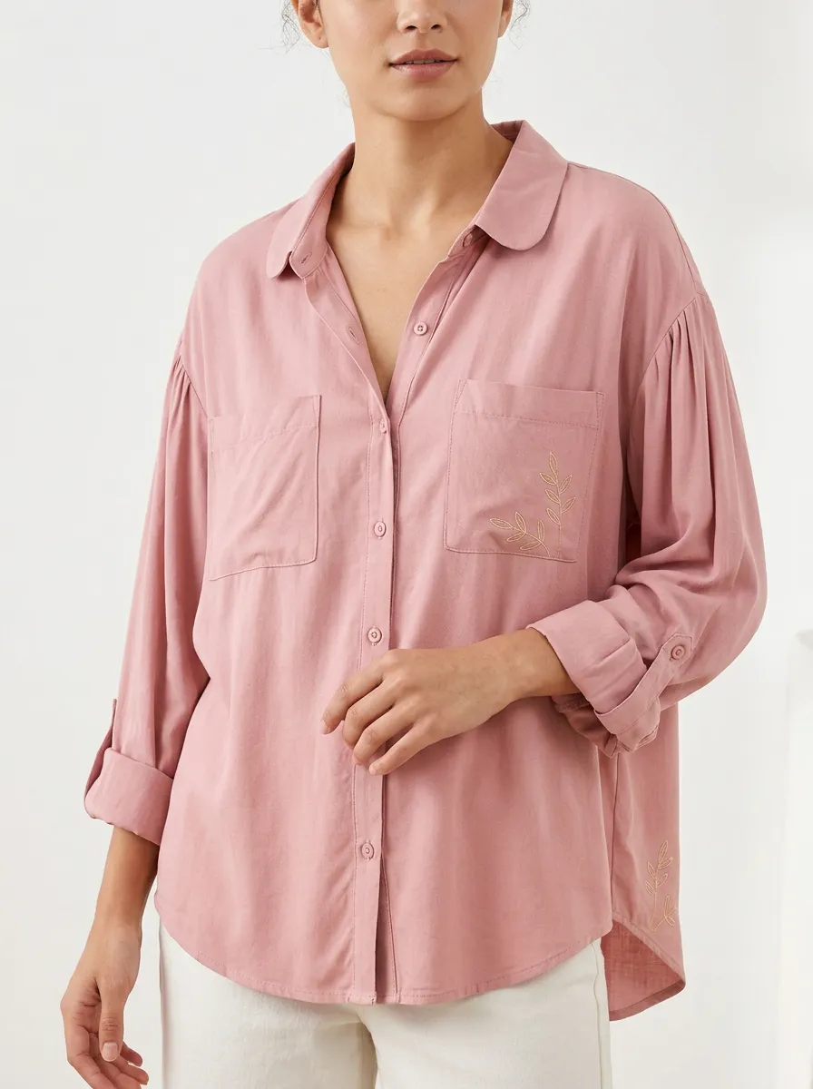 Women's Botanical Nature Lover Leaf Embroidered Printed Shirt