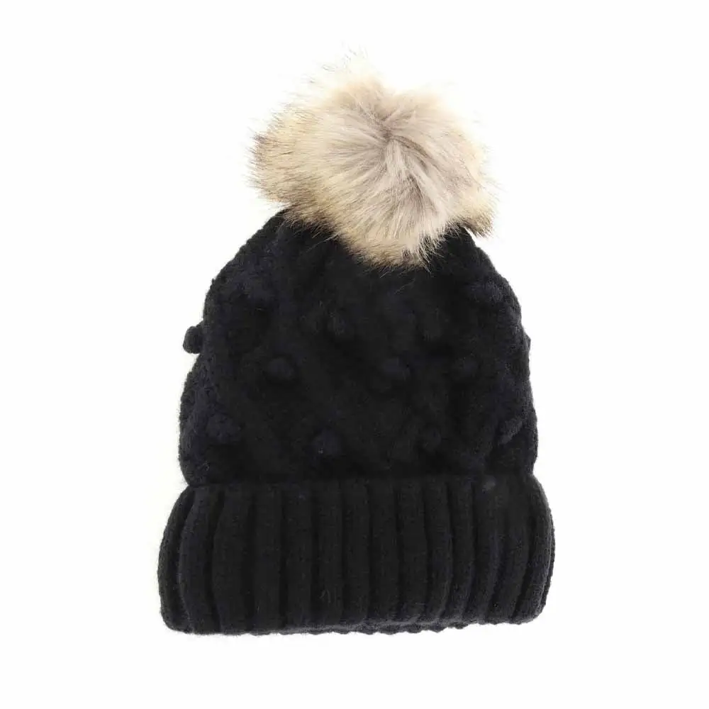 Bobble Knit Faux Fur Pom Beanie