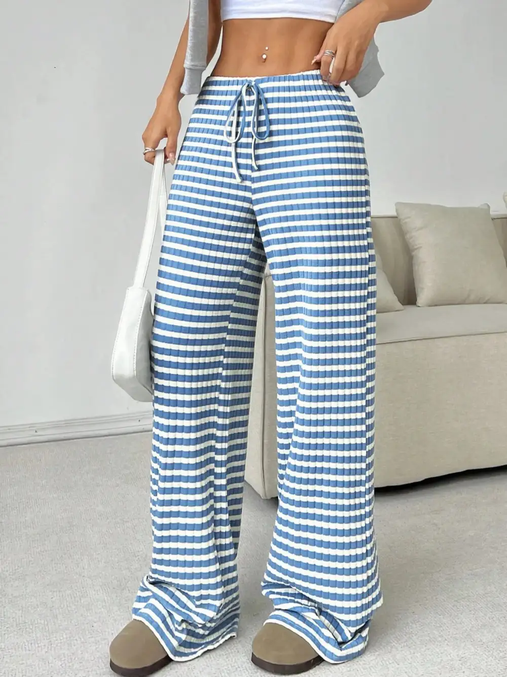 Wide Leg Drawstring Striped Casual Pants