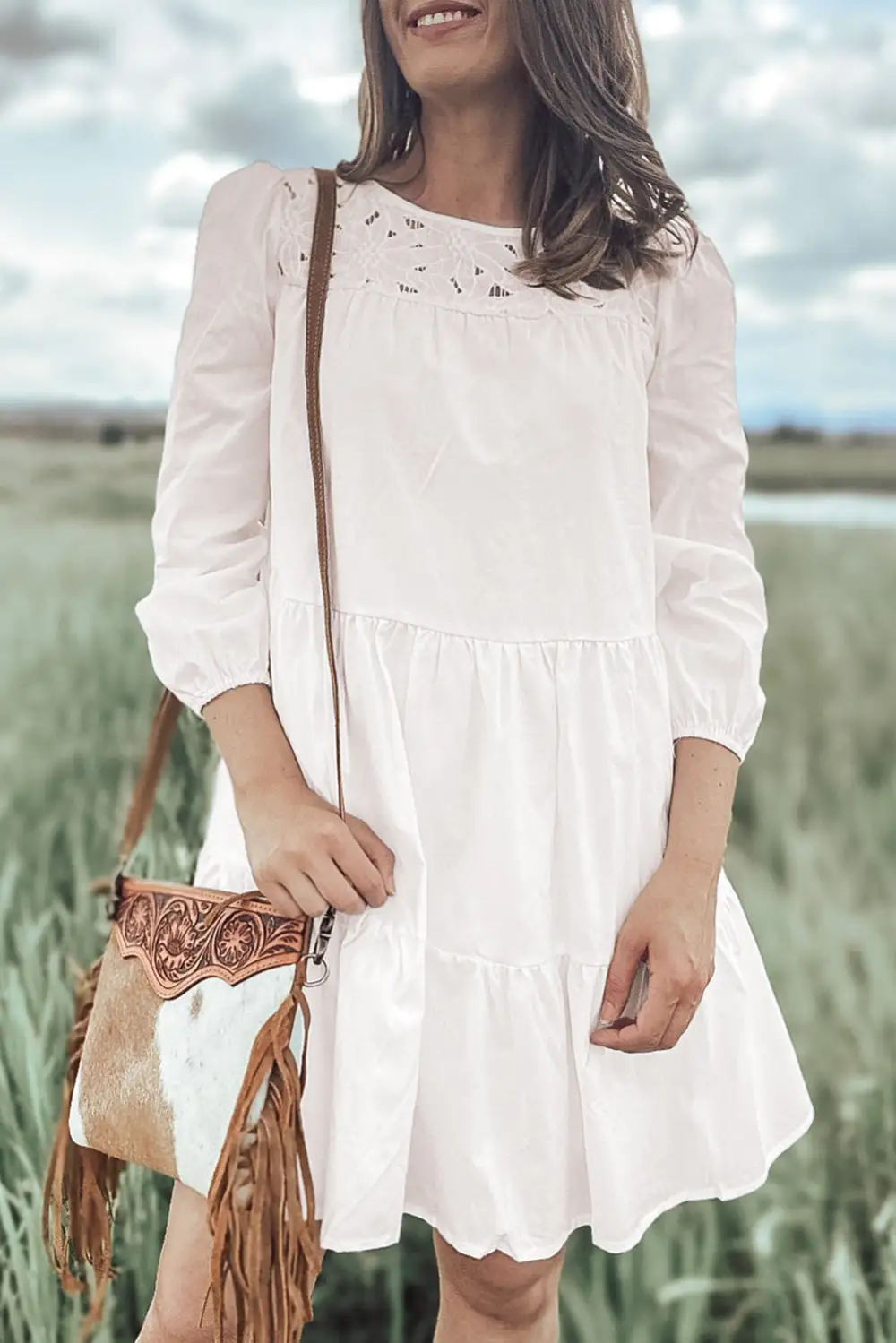 Floral Lace Detail Tiered Mini Dress