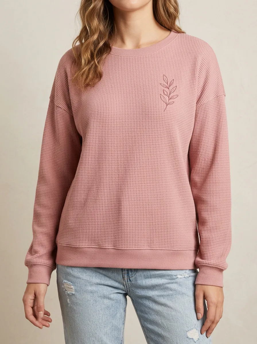 Minimalist Botanical Leaf Printed Waffle Knit Sweatshirt