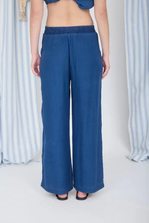 Chambray Elastic High Wide Leg Pants