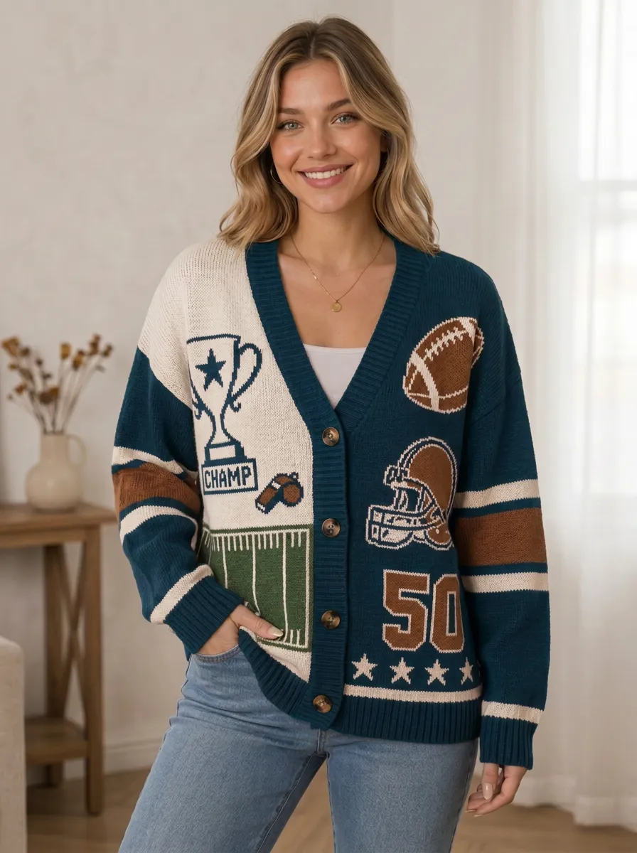 Women's Football Fan Champion Helmet Pattern Knitted Cardigan