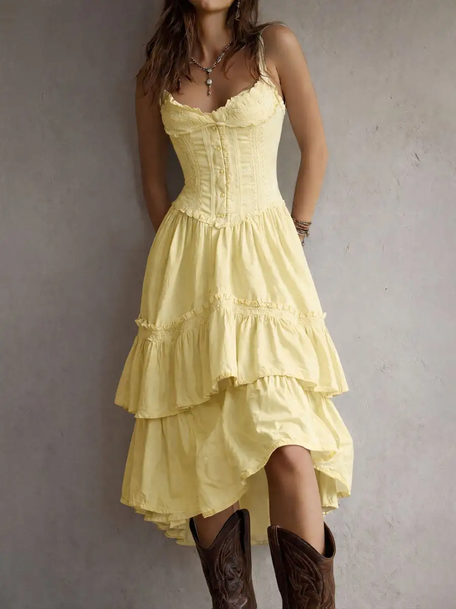 Retro Boho Corset Tiered Midi Dress With Lace-Trim