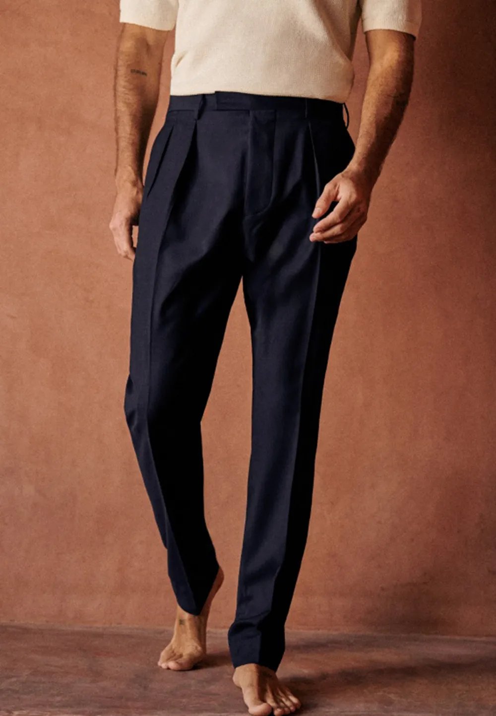 Navy Pleated High Waist Straight Leg Trousers